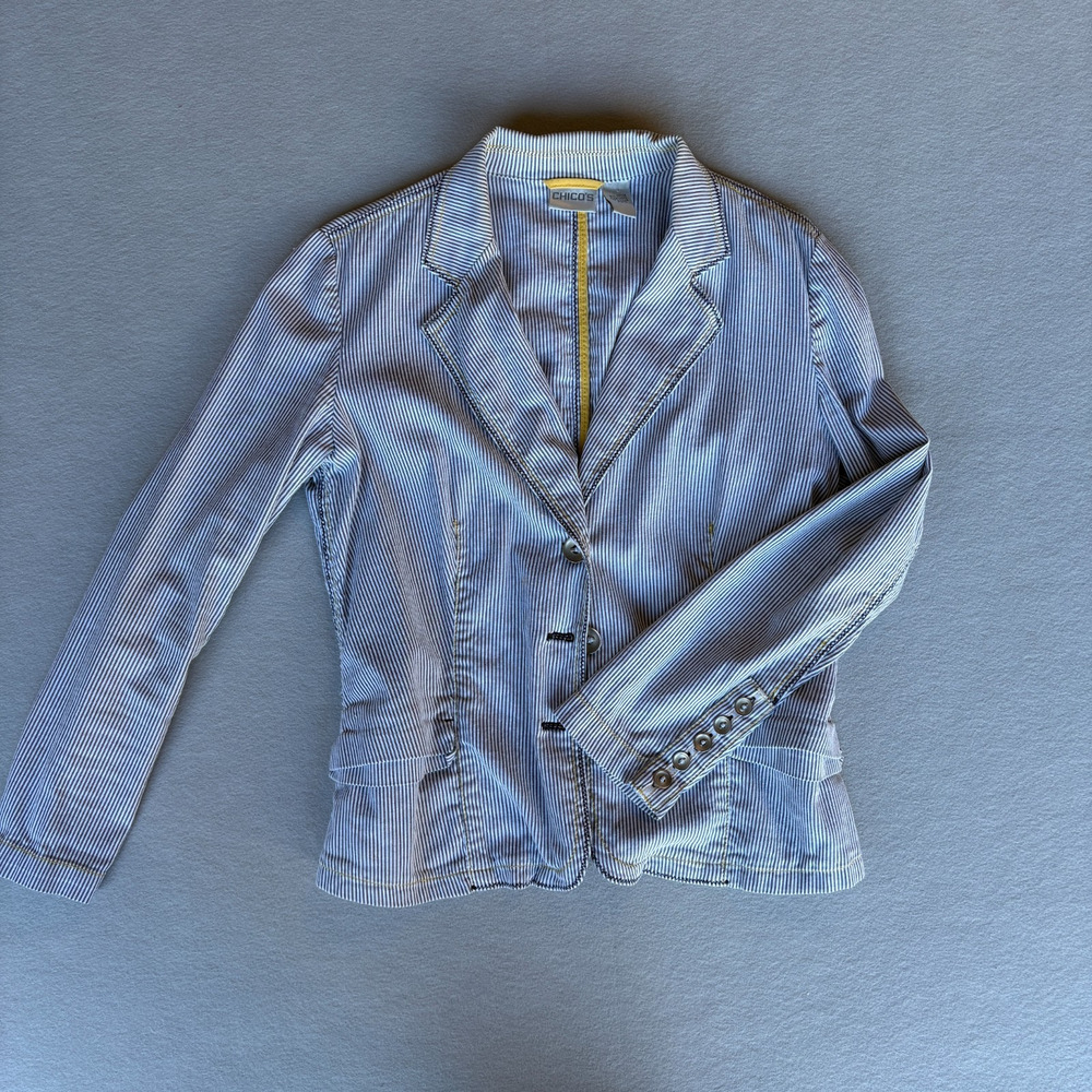Chicos Striped Cotton Blazer Jacket Contrast Stitch Button Cuff Size 1
